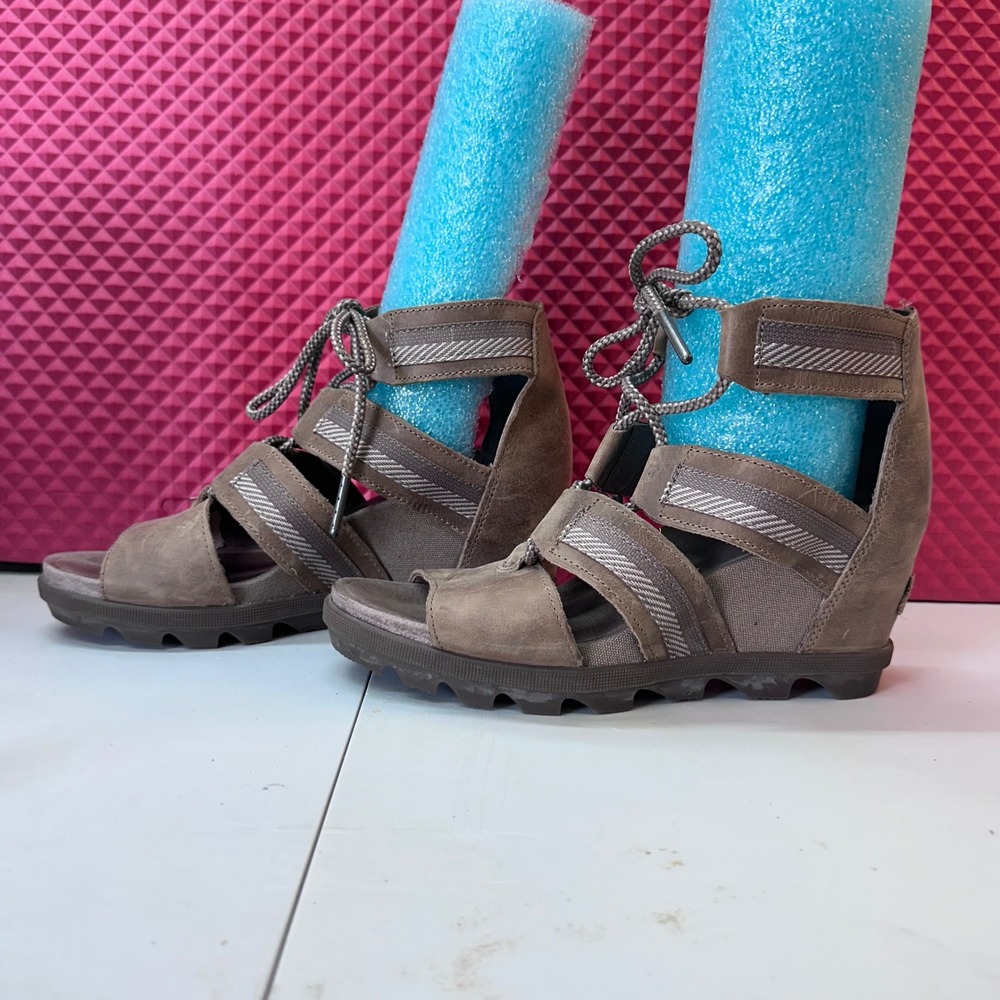 Boho Sorel Joanie II Lace Wedge Sandals Brown Leather Women Size 8 - Picture 8 of 11